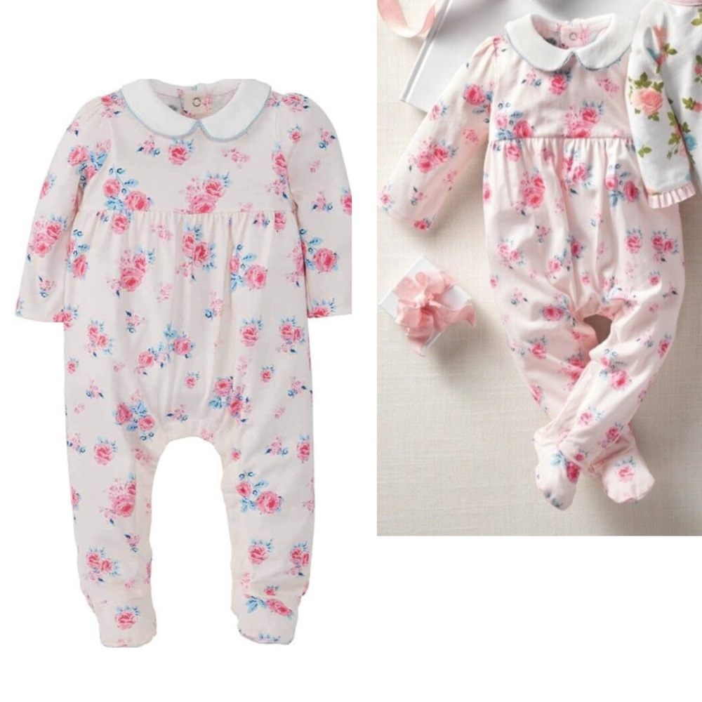 MudPie baby girl floral long sleeve collared footed sleeper 3-6 months